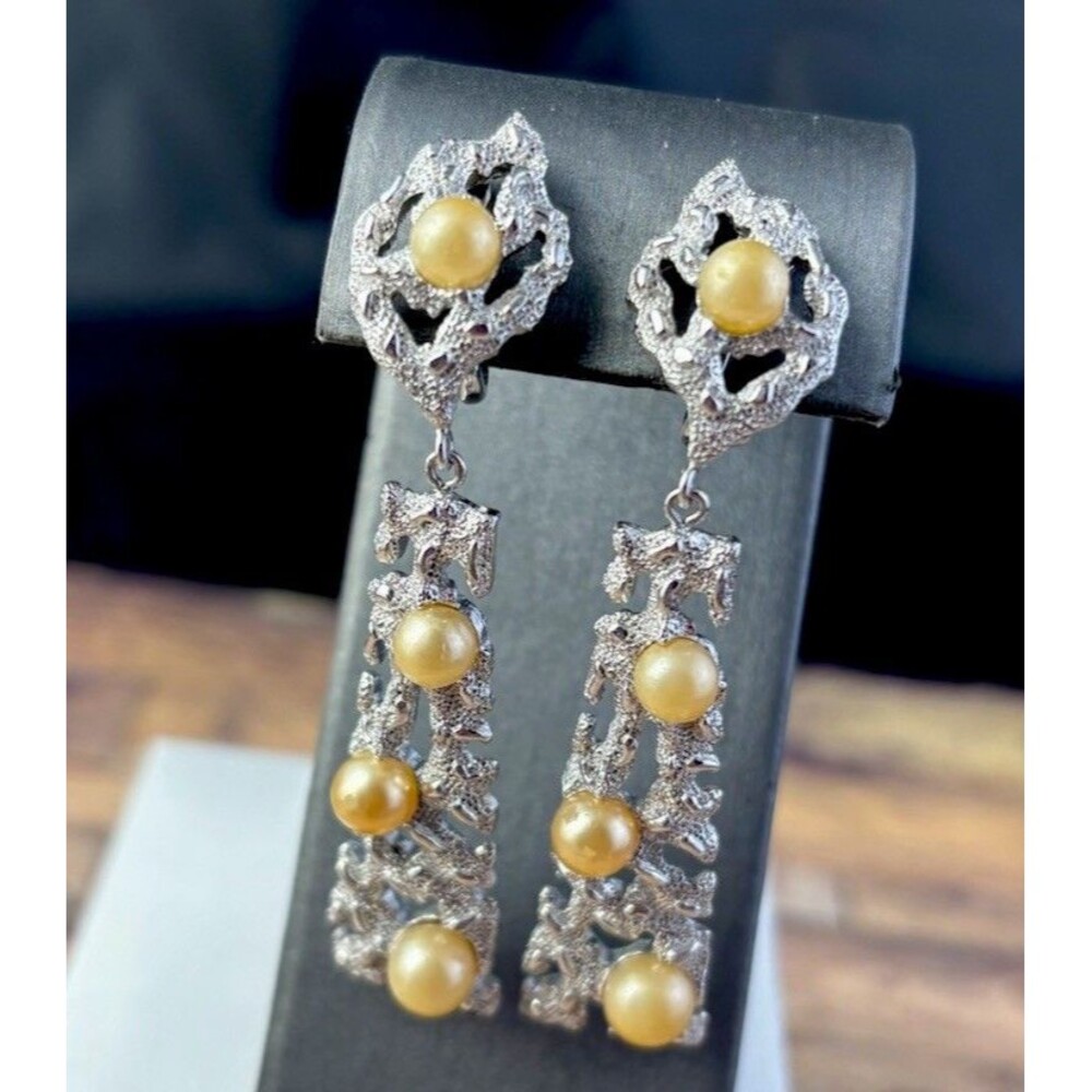 VTG MCM Signed Crown Trifari Faux Pearls Dangle ClipOn Earrings Silver Tone 2.5”